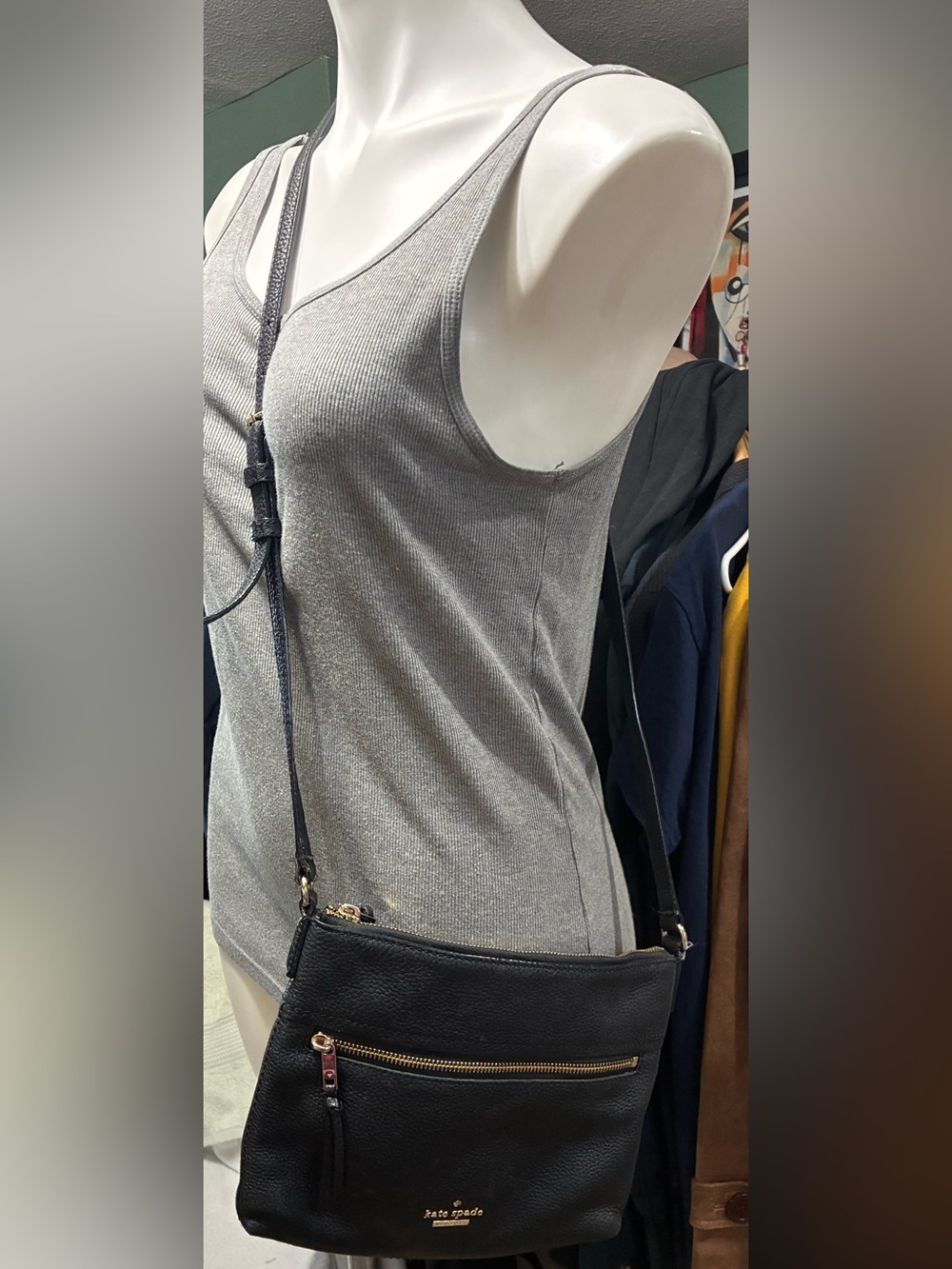 Kate Spade Black Leather Crossbody Bag with Striped Interior-EUC